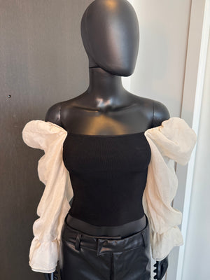 Chic Black Top with White Off The Shoulder Sleeves Small