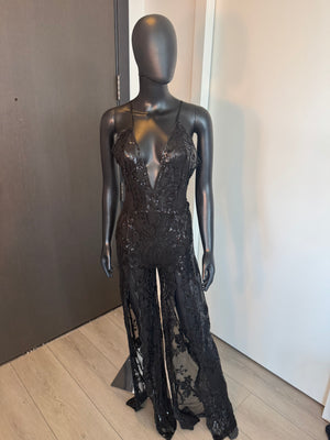 Sexy Sheer Deep V-Neck Sequenced Jumpsuit Medium