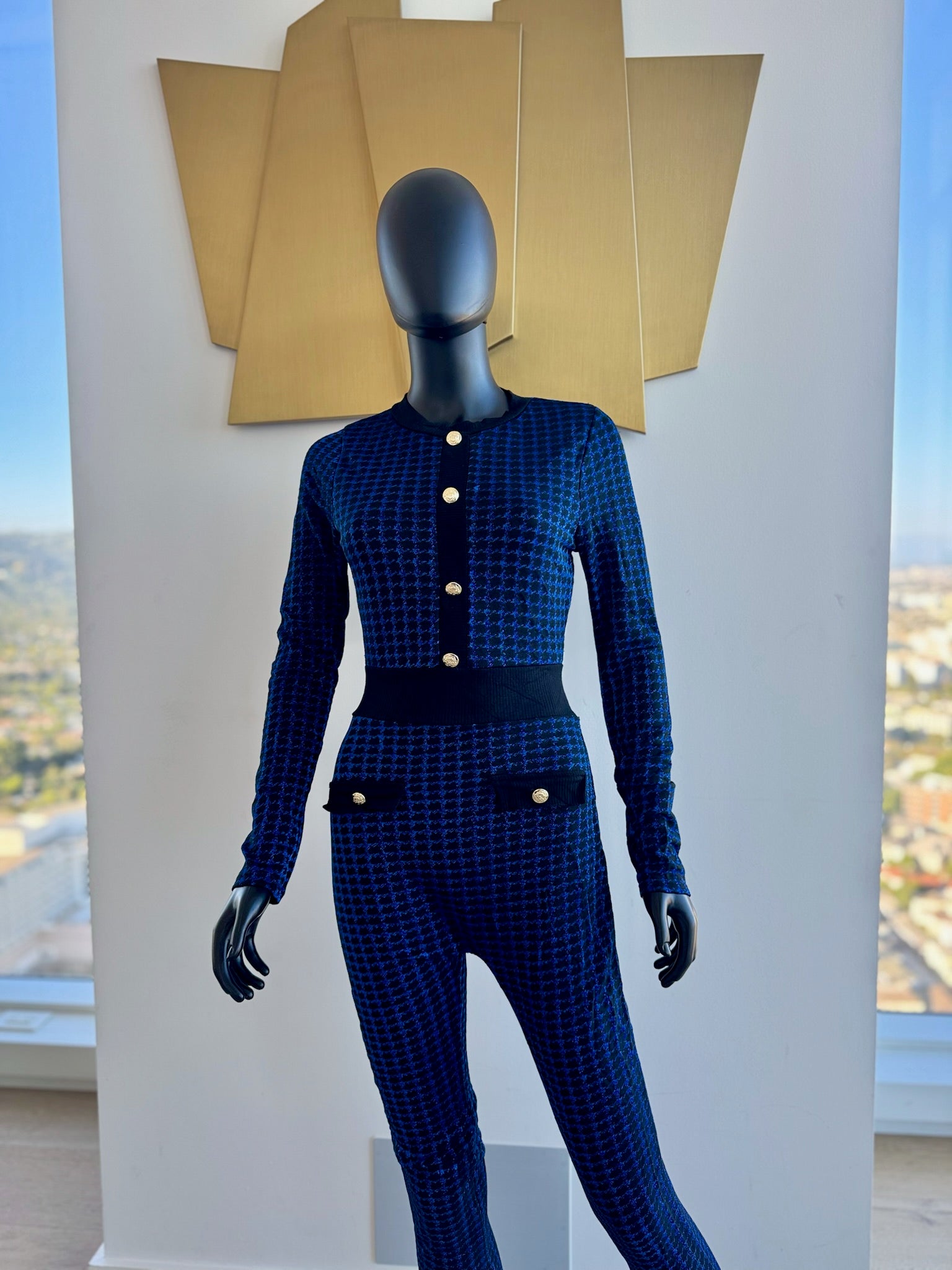 Slightly Sheer Blue and Black jumpsuit. Medium