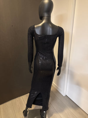 Elegant Black Sequenced Long Sleeved Dress Small