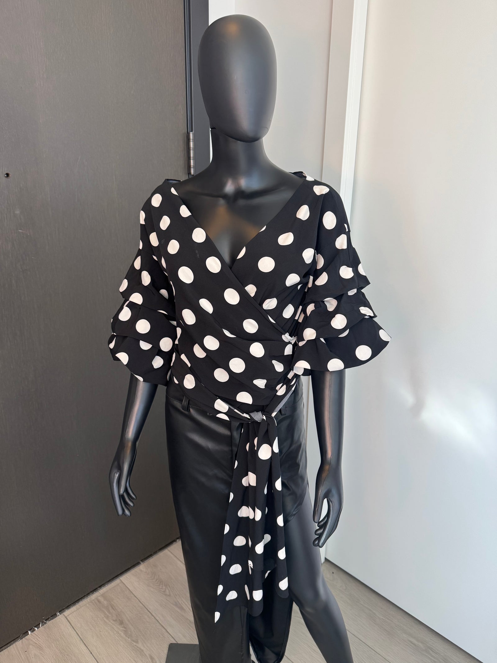 Chic Black Polkadot Wrap Blouse Small