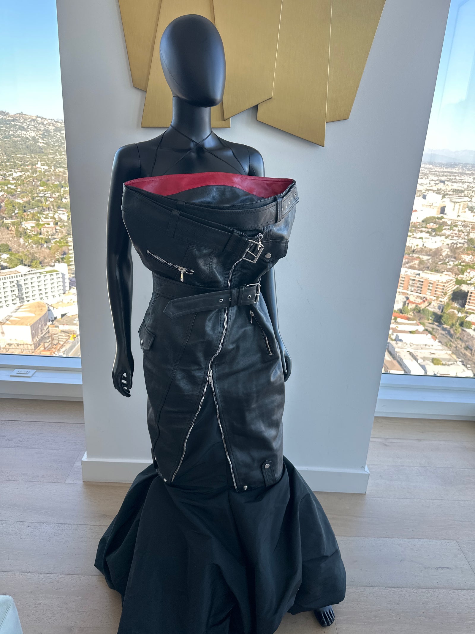 Alexander McQueen Leather Biker Dress with Red. Size 48