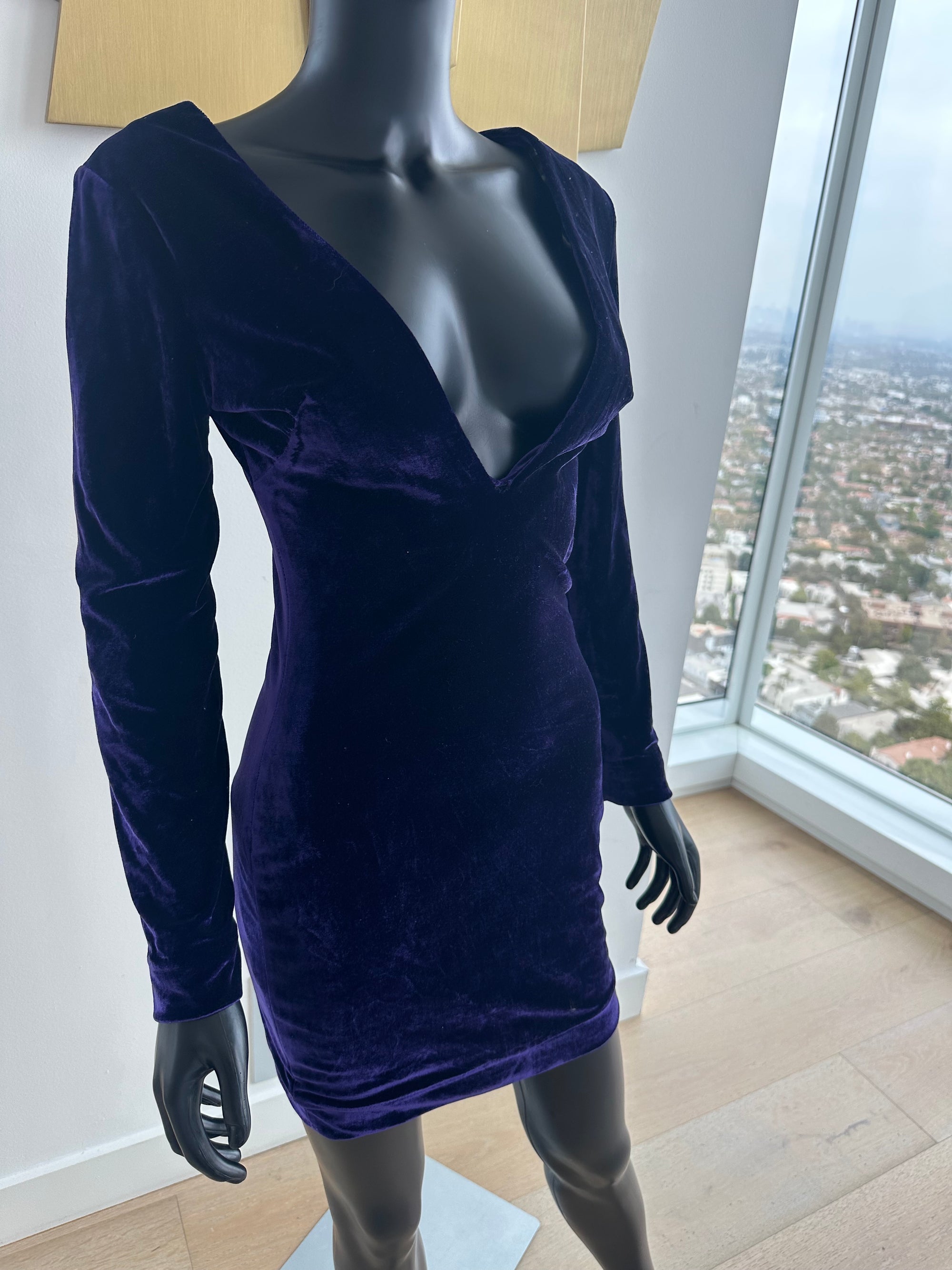 Purple Velvet Deep V Neck Dress. Small