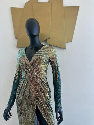 Show Stopper! Multi color dress with slit! New! Small