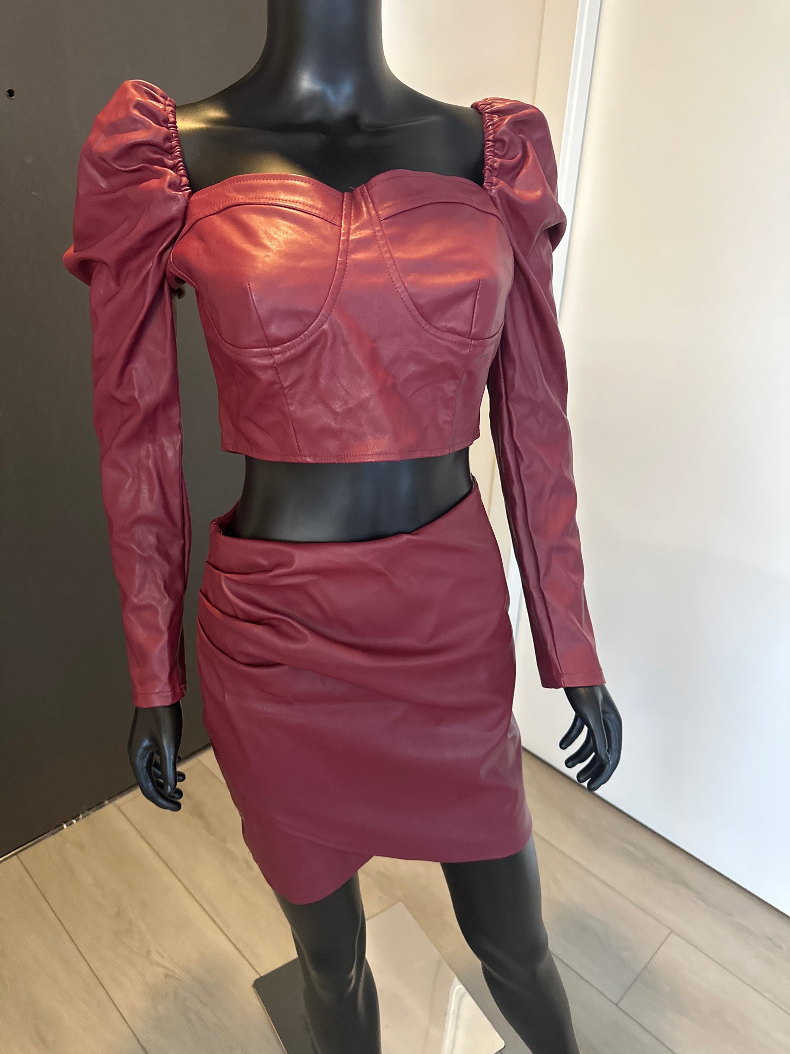 2 Piece Maroon pleather skirt set! Small