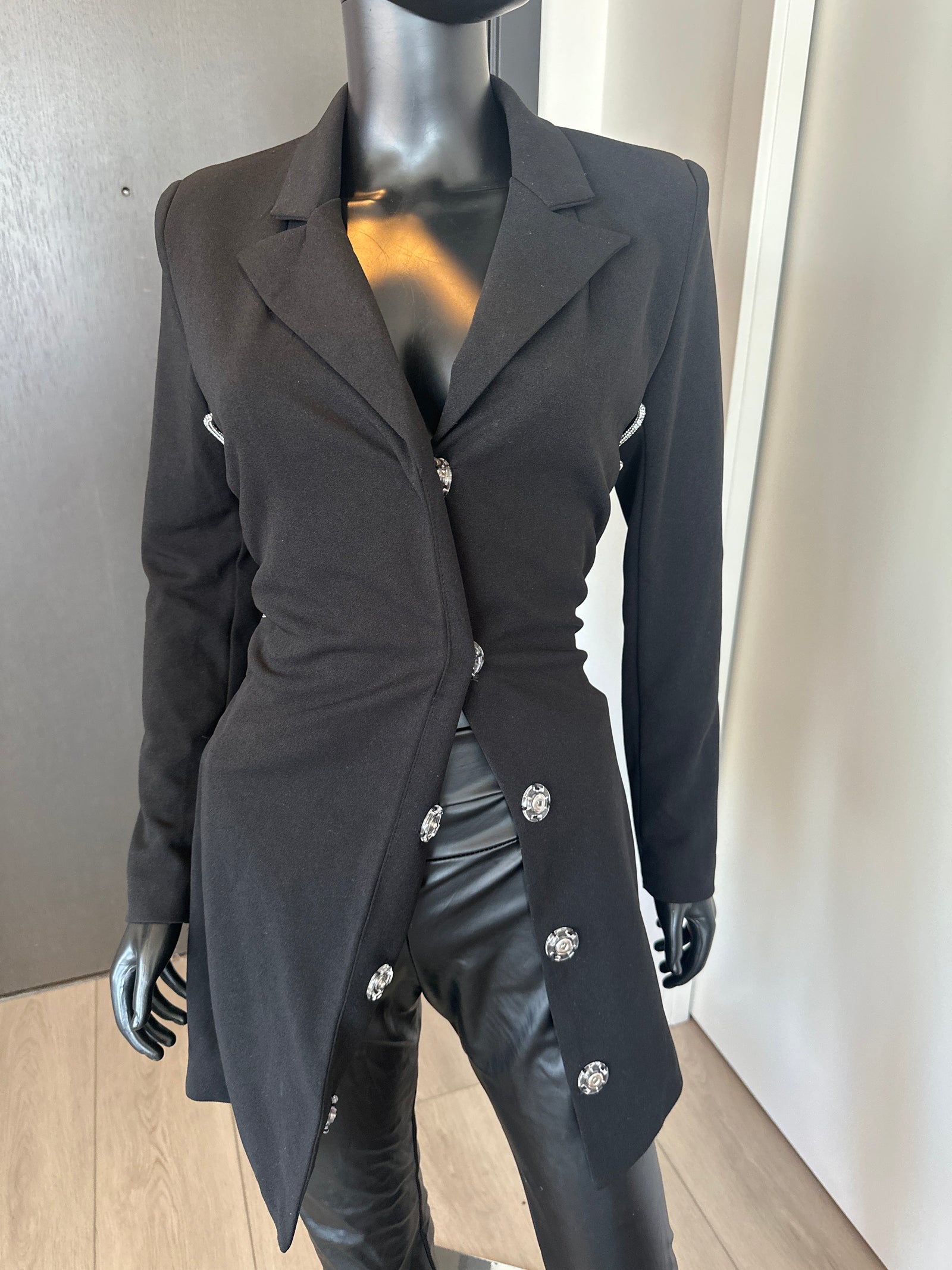 Long Black Button Down Blazer with Rhinestone back Drawstring Small