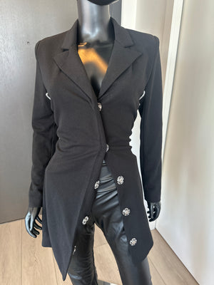 Long Black Button Down Blazer with Rhinestone back Drawstring Small