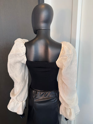 Chic Black Top with White Off The Shoulder Sleeves Small