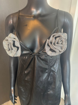 NEW!! Sexy Black Leather Dress with Rhinestone Large