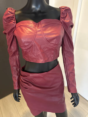 2 Piece Maroon pleather skirt set! Small