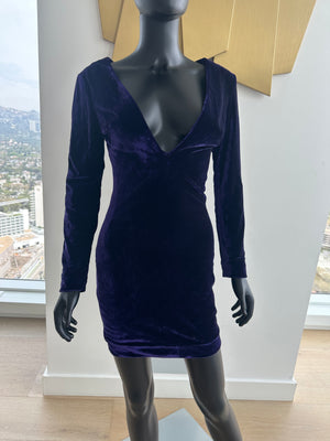 Purple Velvet Deep V Neck Dress. Small