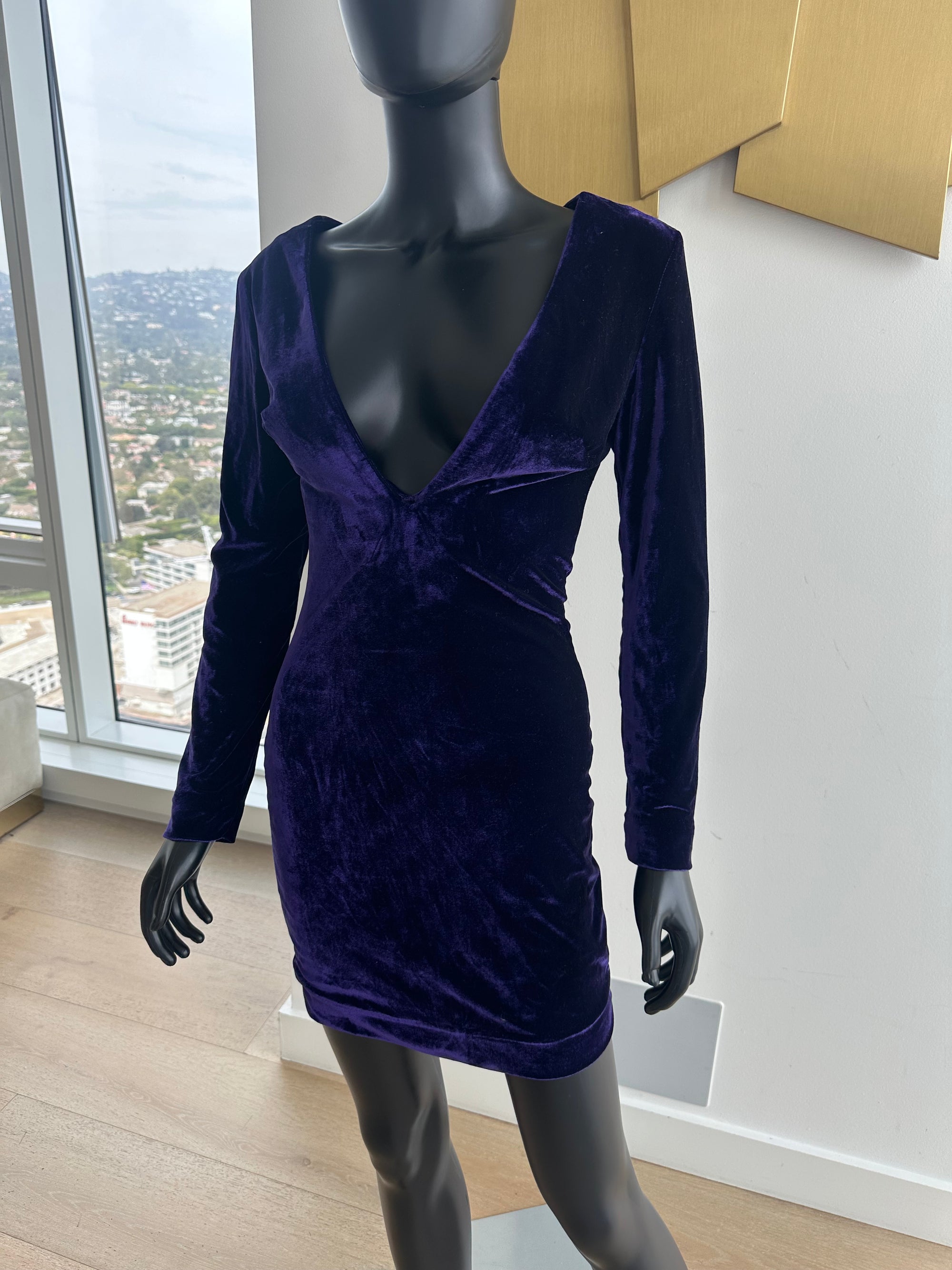 Purple Velvet Deep V Neck Dress. Small