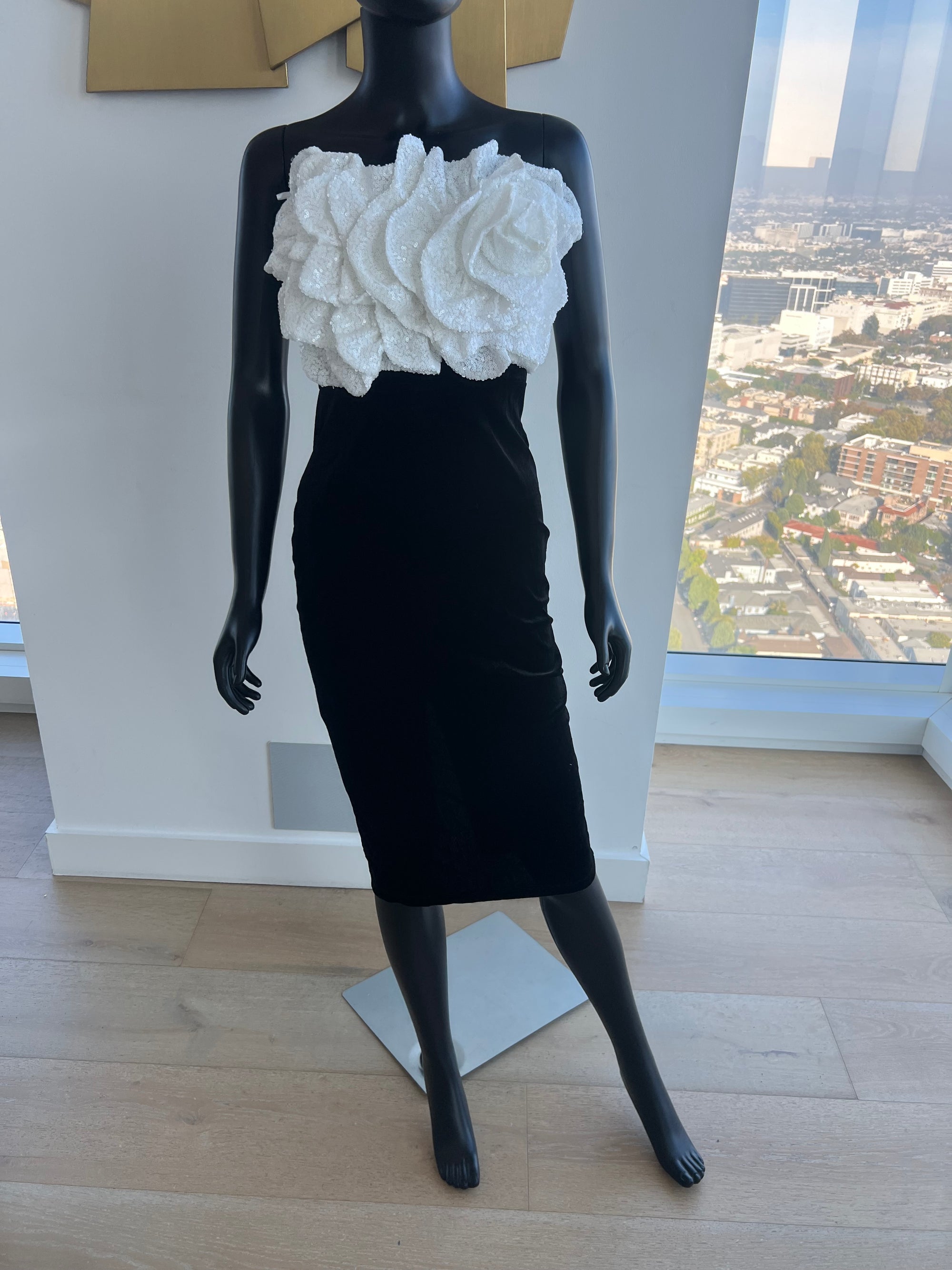 New! White and Black Velvet Flower Dress