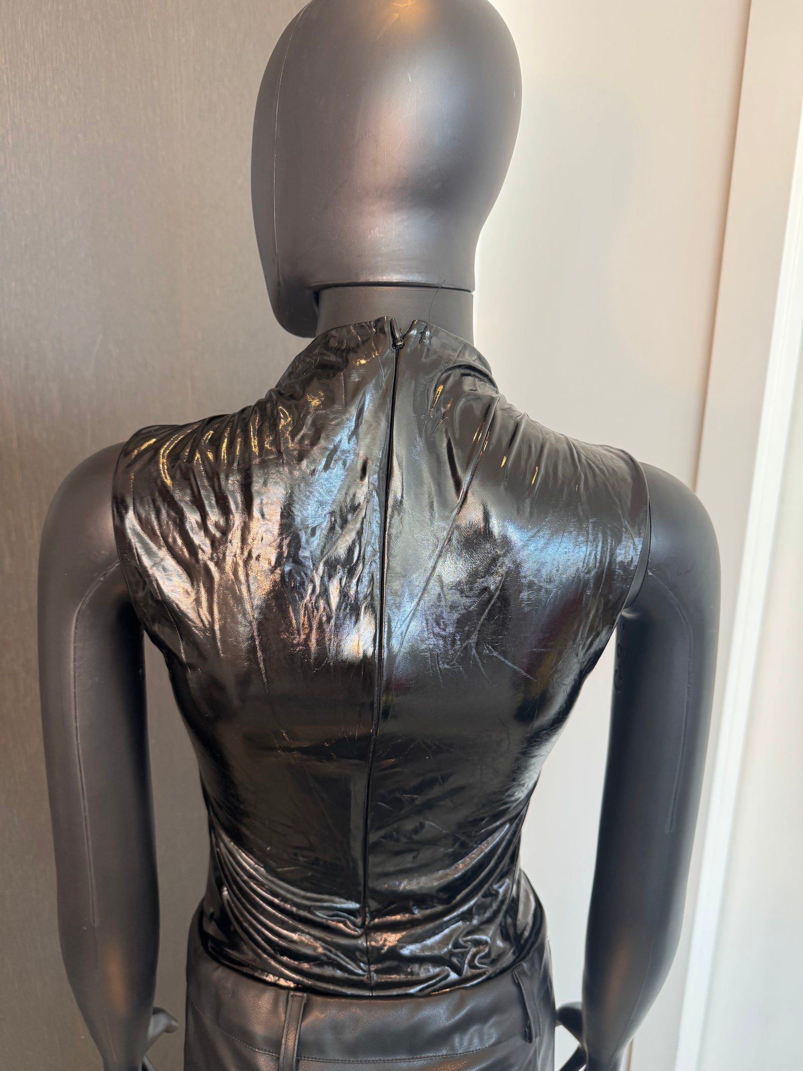 Sleek Black Pleather Sleeveless Bodysuit Small