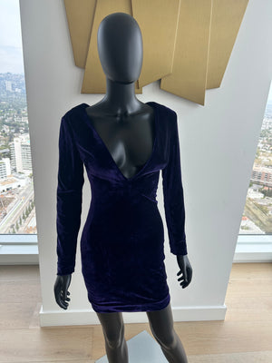 Purple Velvet Deep V Neck Dress. Small