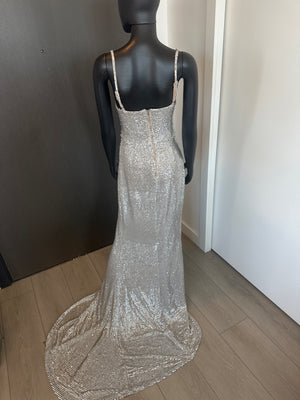 NEW! Elegant Platinum Sequined Gown with Train Medium