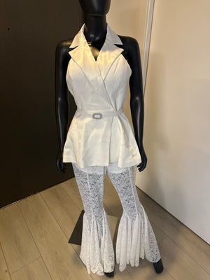 New! White 2 Piece Set! Halter Top with belt and lace pants!