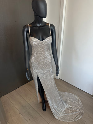NEW! Elegant Platinum Sequined Gown with Train Medium