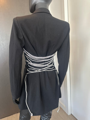 Long Black Button Down Blazer with Rhinestone back Drawstring Small