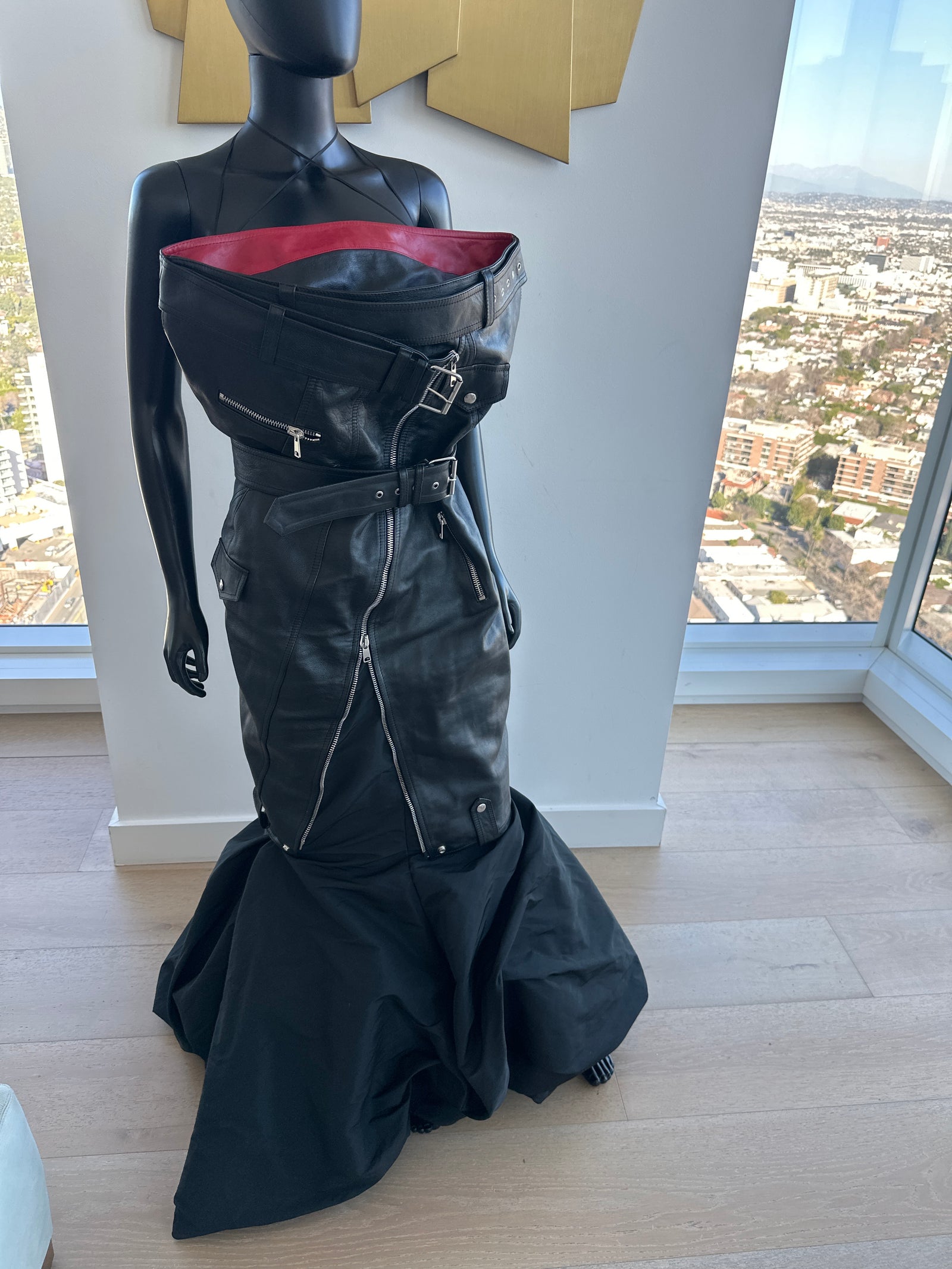 Alexander McQueen Leather Biker Dress with Red. Size 48