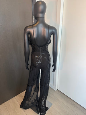 Sexy Sheer Deep V-Neck Sequenced Jumpsuit Medium