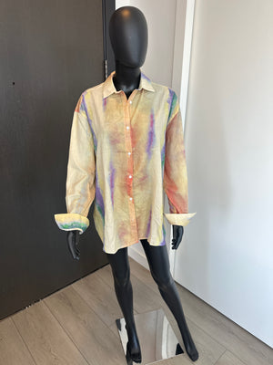 Chic Tie-Dye Linen Button up Long Sleeve Shirt Medium