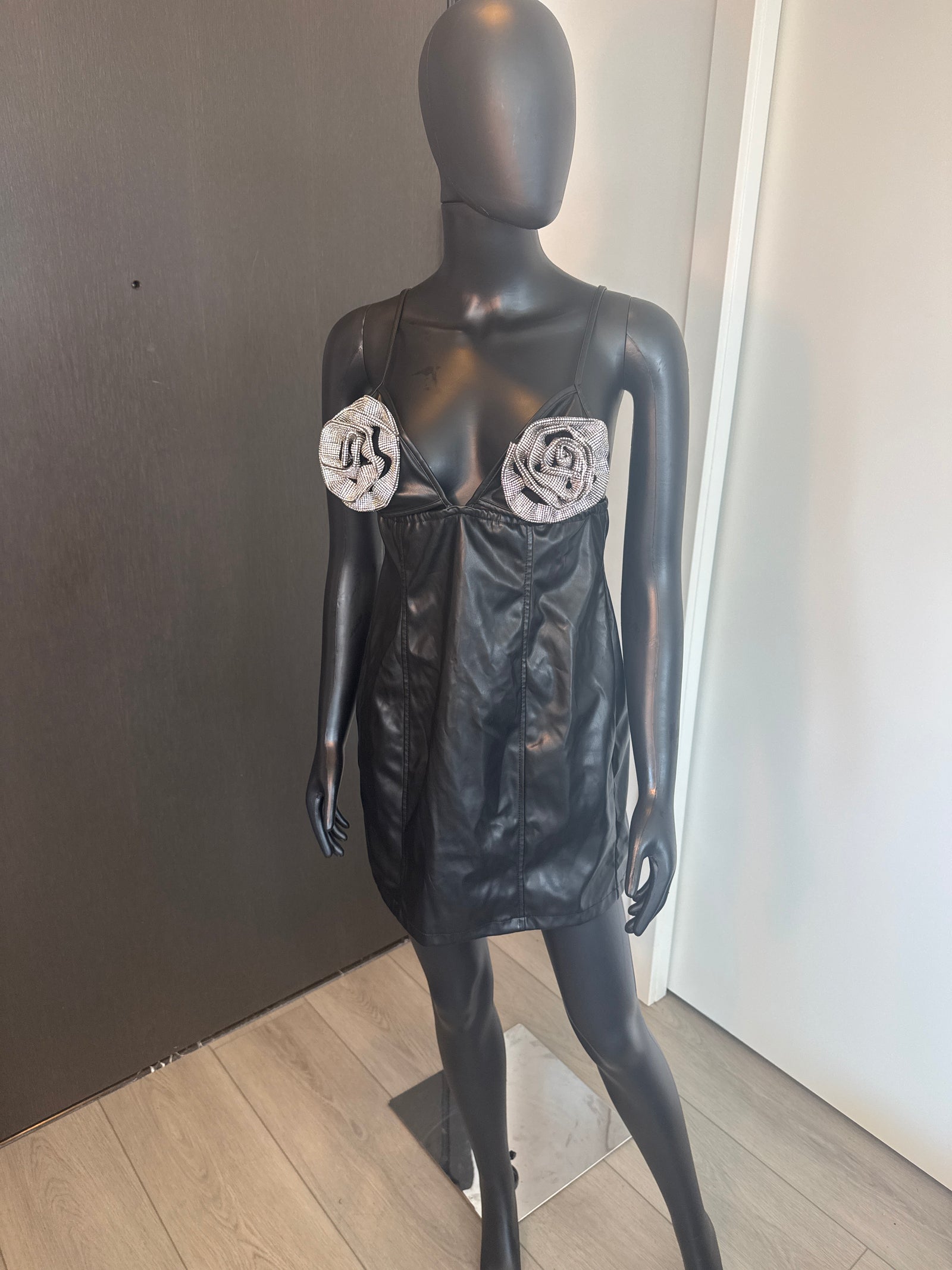 NEW!! Sexy Black Leather Dress with Rhinestone Large