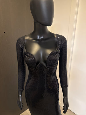 Elegant Black Sequenced Long Sleeved Dress Small