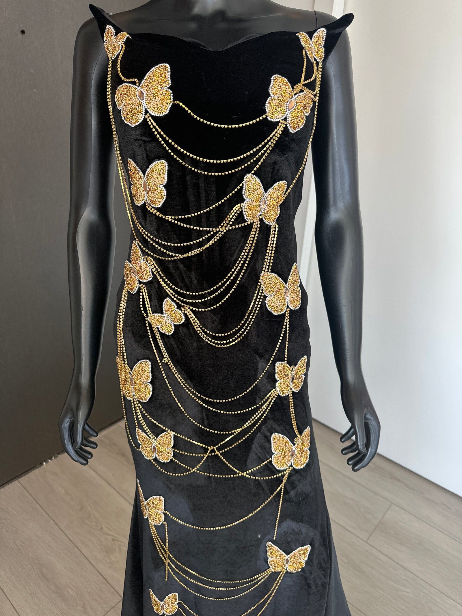 New! Black Velvet dress with Gold butterfly! Medium