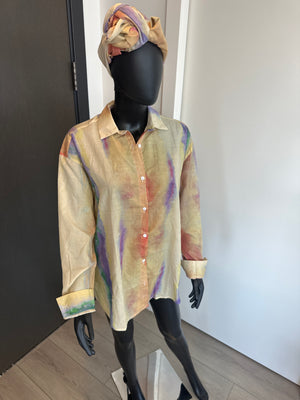Chic Tie-Dye Linen Button up Long Sleeve Shirt Medium