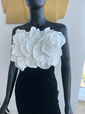 New! White and Black Velvet Flower Dress