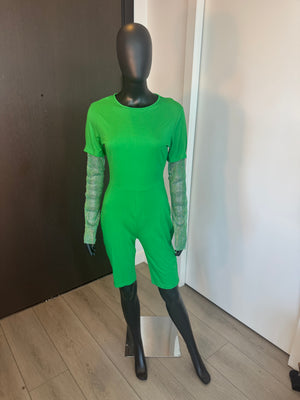 Cute Green Short Jumpsuit with Beaded Sleeves Medium
