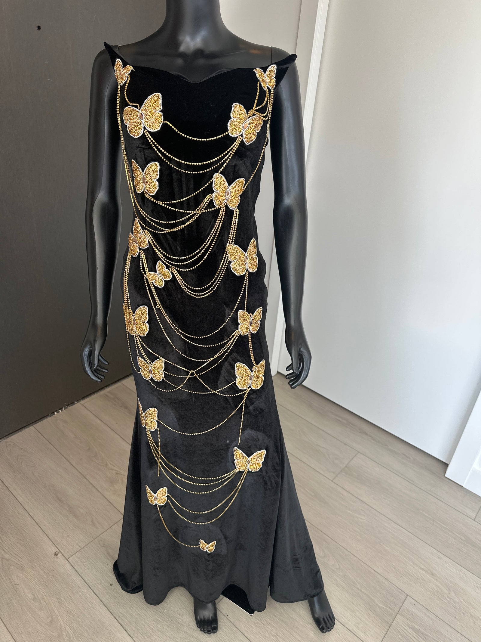 New! Black Velvet dress with Gold butterfly! Medium