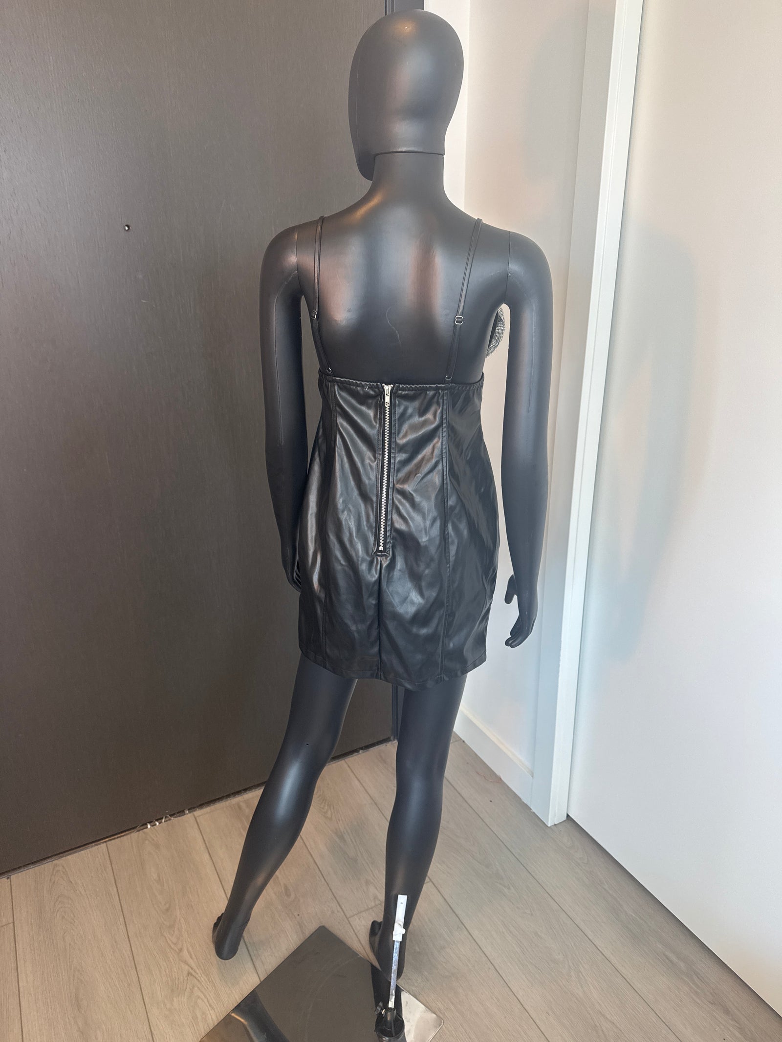 NEW!! Sexy Black Leather Dress with Rhinestone Large