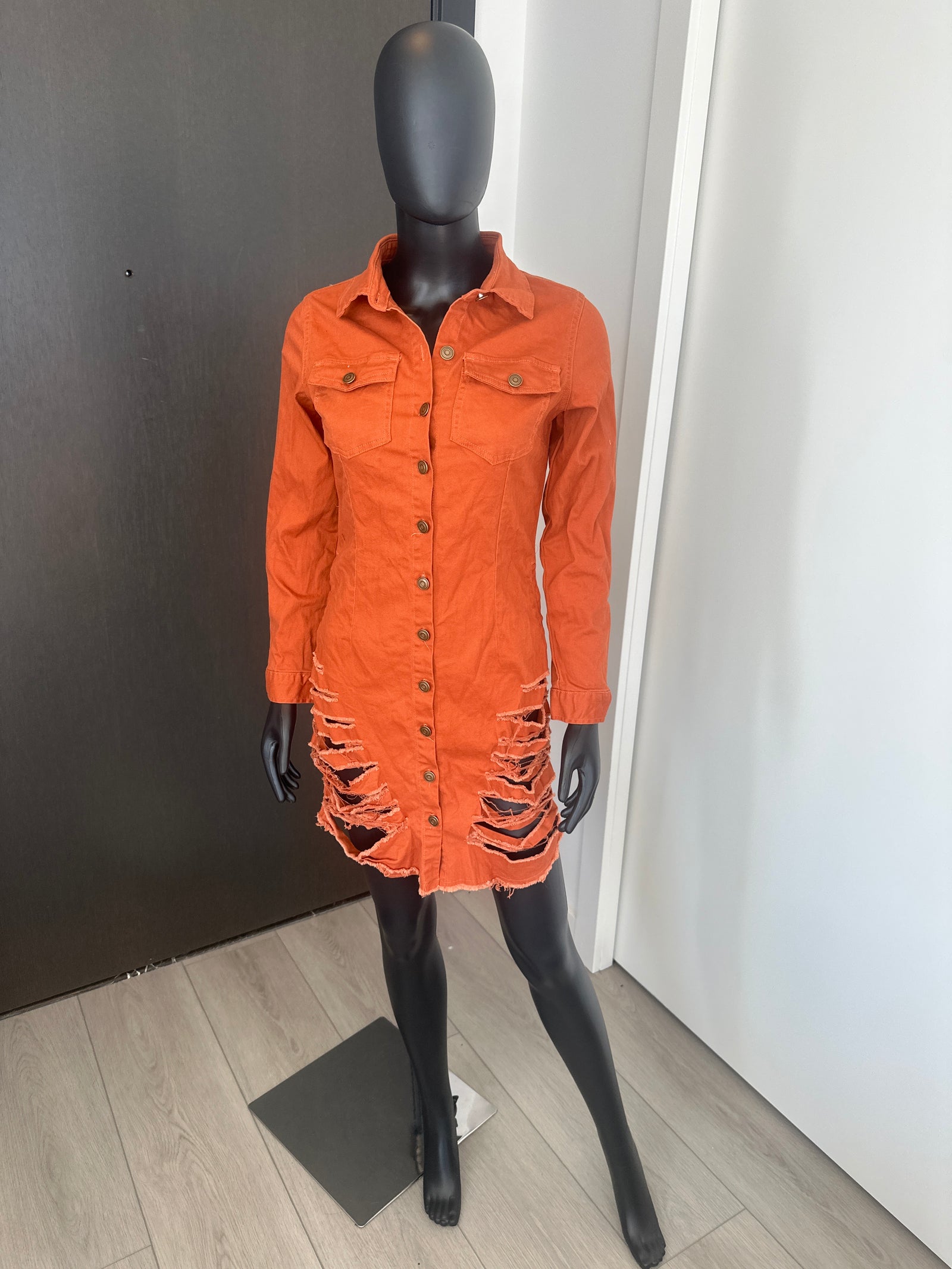 Chic Orange Button Down Denim Dress Medium