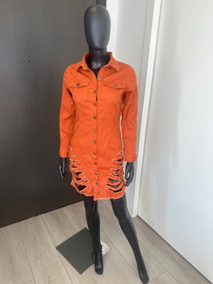 Chic Orange Button Down Denim Dress Medium