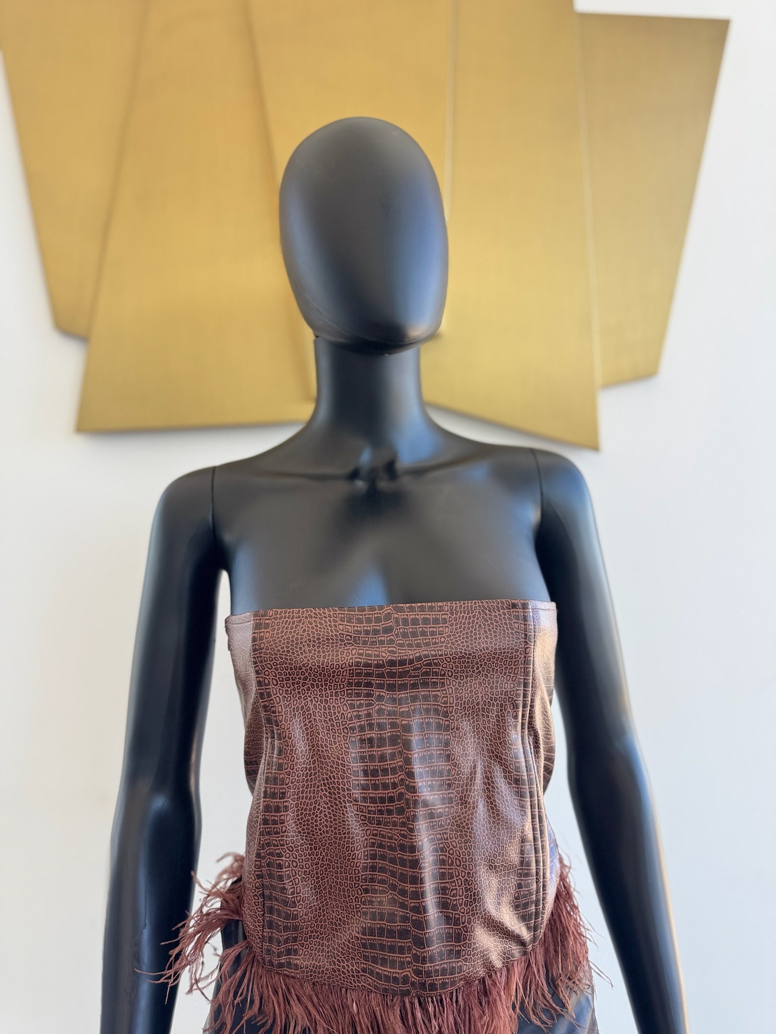 Brown leather corset Top. Feathers Medium