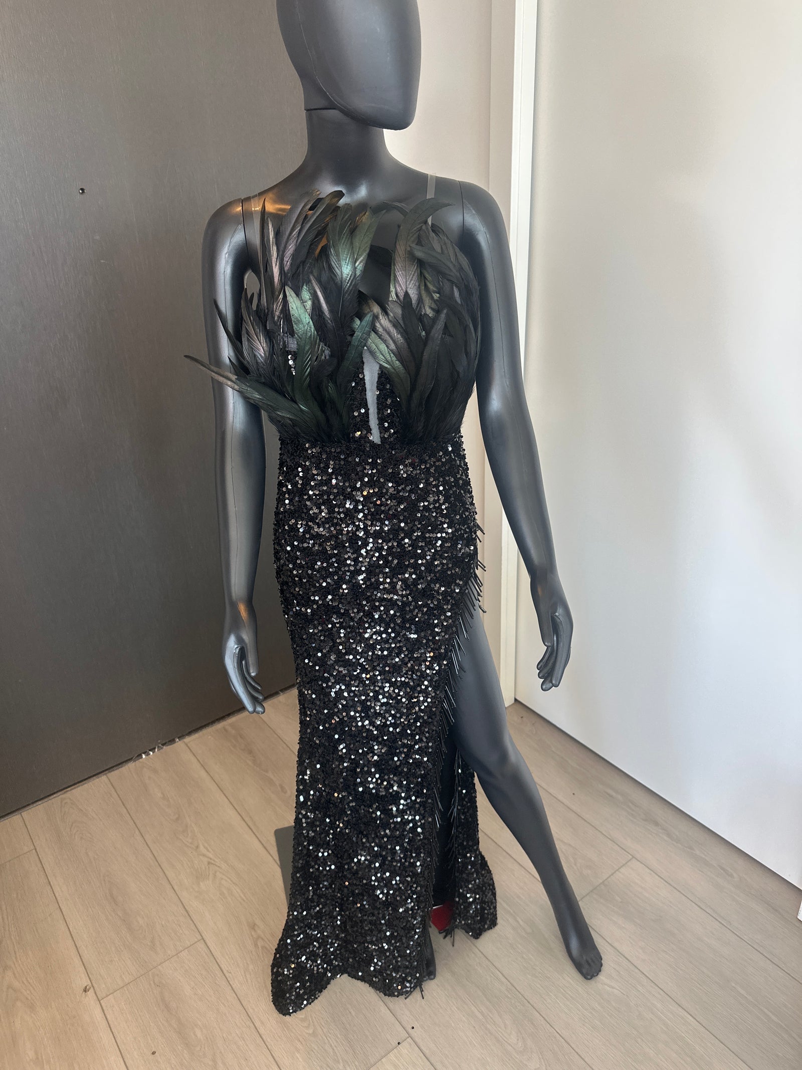 NEW! Sexy Black Feathered and Sequined Gown Medium