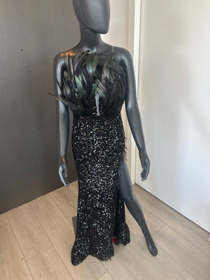 NEW! Sexy Black Feathered and Sequined Gown Medium