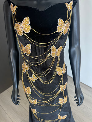New! Black Velvet dress with Gold butterfly! Medium