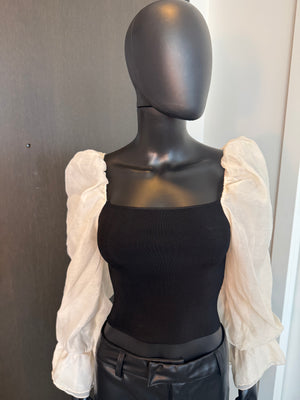 Chic Black Top with White Off The Shoulder Sleeves Small