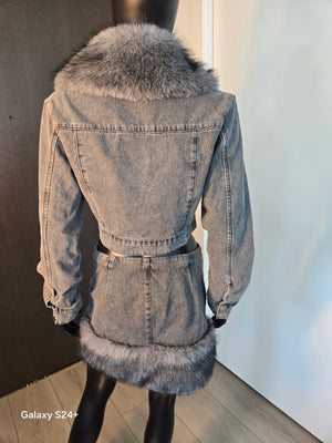 Denim & Faux Fur Skirt Set Gray Medium
