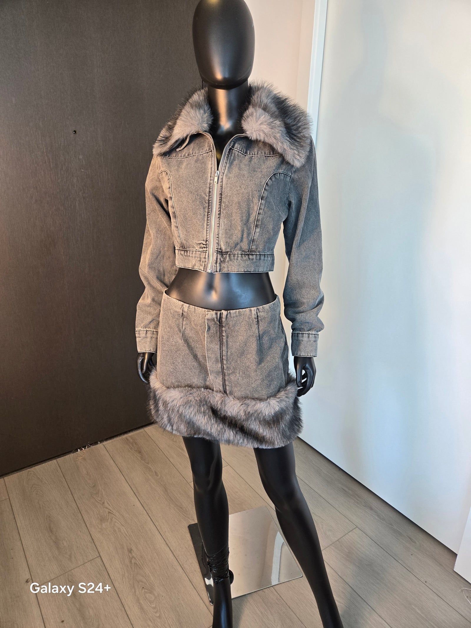 Denim & Faux Fur Skirt Set Gray Medium