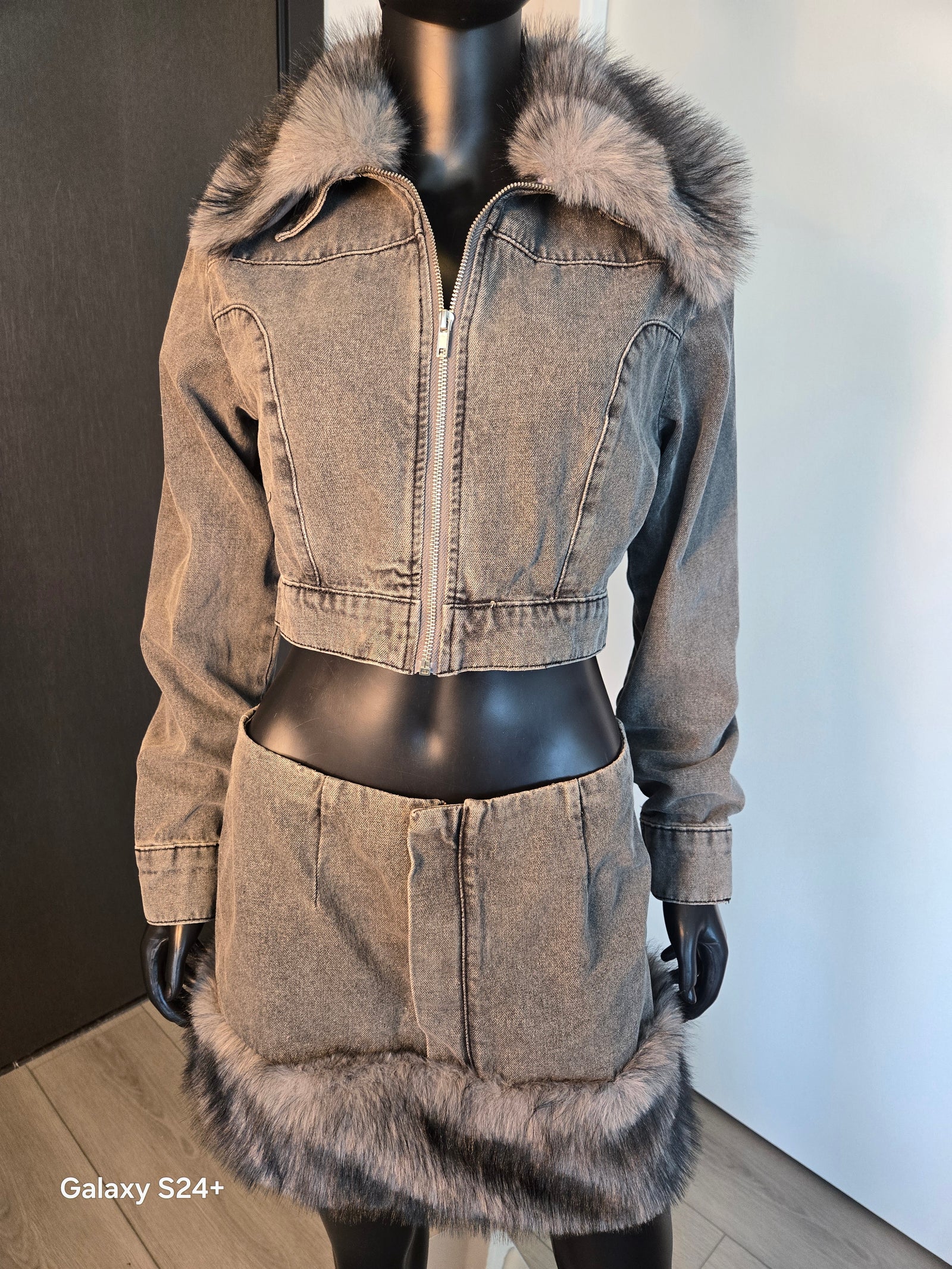 Denim & Faux Fur Skirt Set Gray Medium