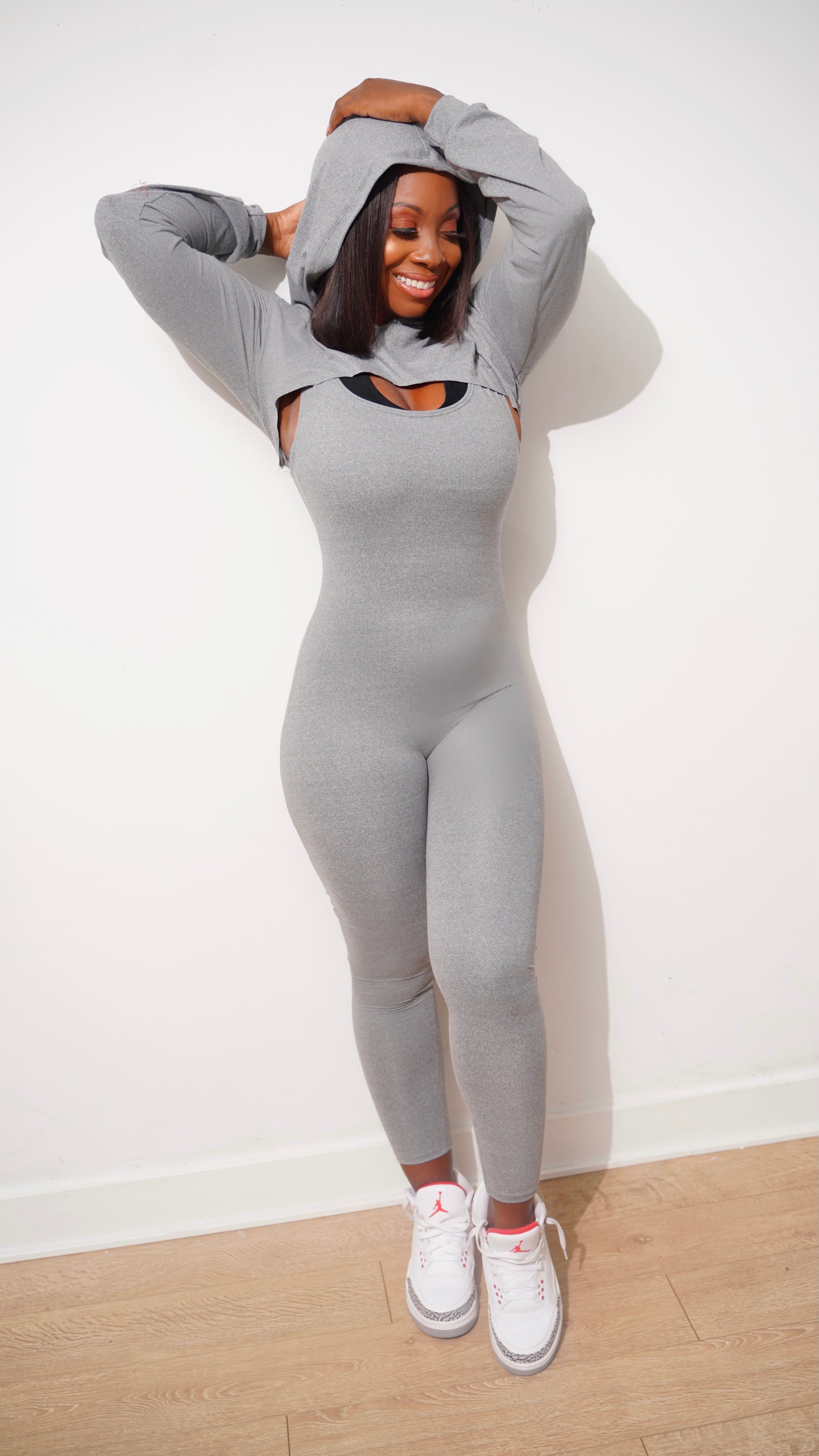 JumpGirl Jumpsuit with Crop Hooded Top (Grey)