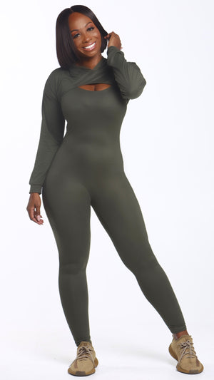 JumpGirl Jumpsuit with Crop Hooded Top (OLIVE)
