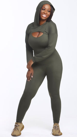 JumpGirl Jumpsuit with Crop Hooded Top (OLIVE)