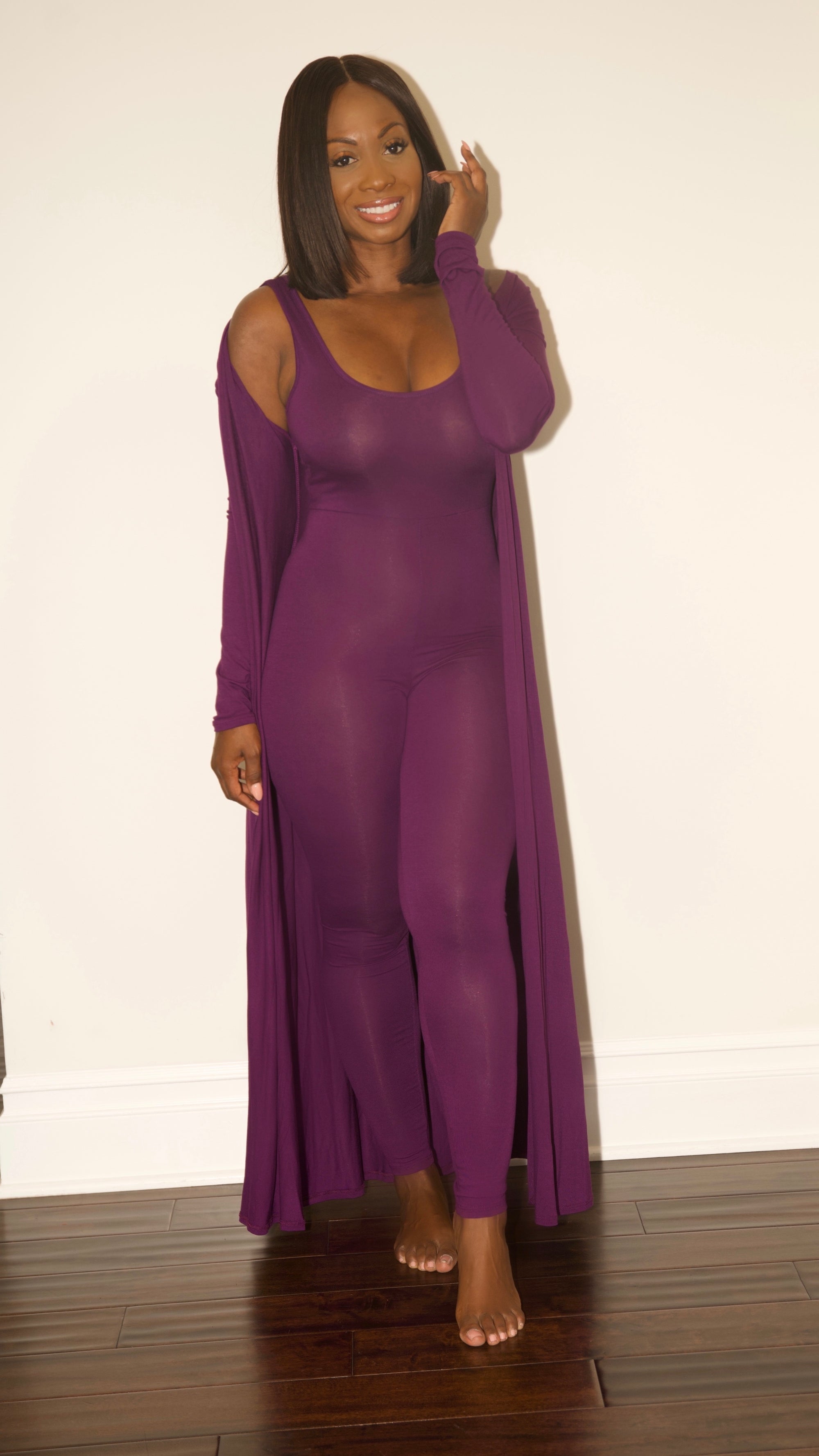 Two Piece Sexy Jumpsuit with Cardigan Coat Purple